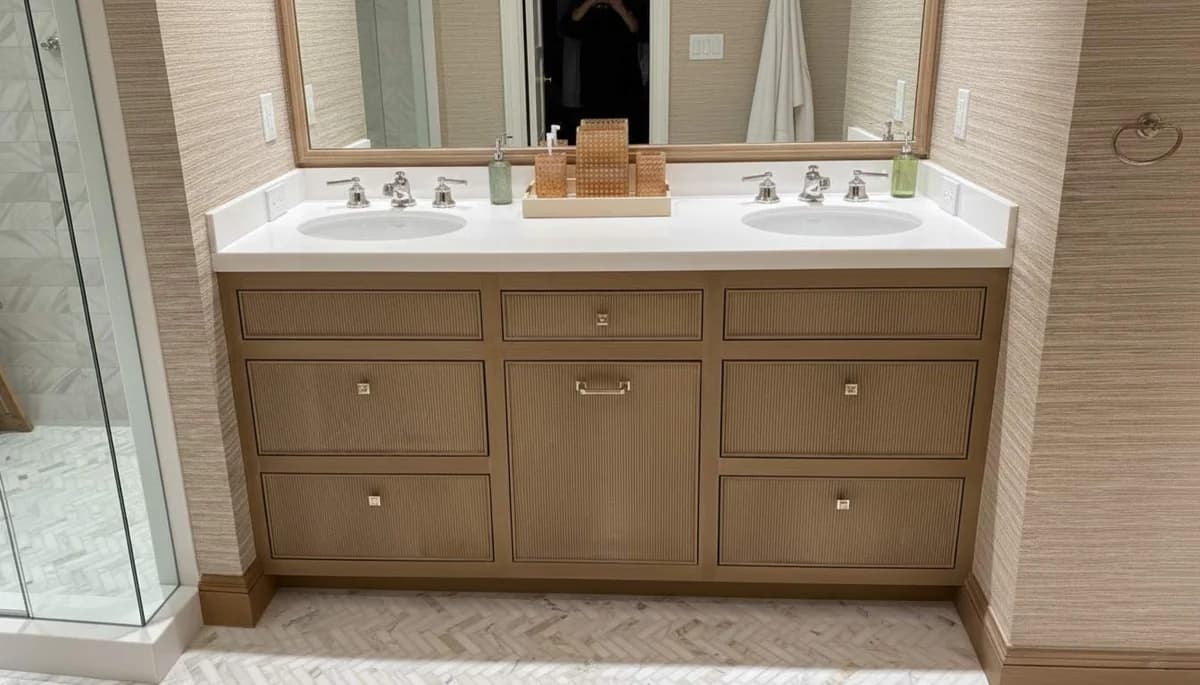 Custom double bathroom vanity with reeded panel details and chrome hardware