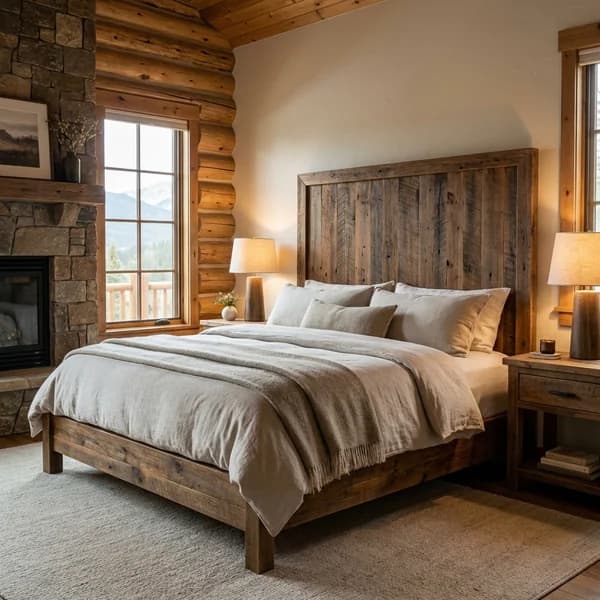 Custom reclaimed barn wood bed frame and headboard in a Colorado mountain bedroom