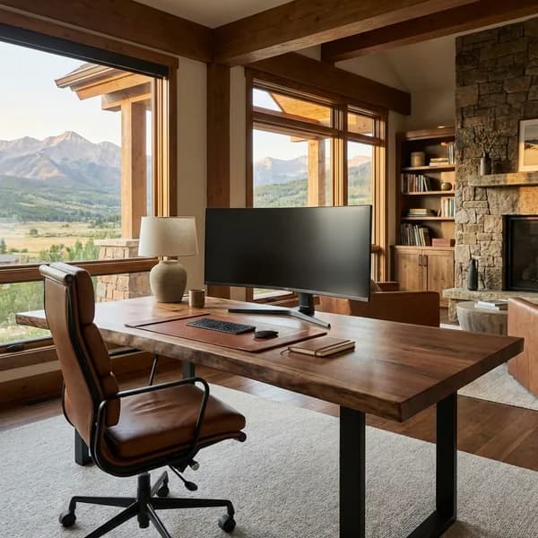 Custom live edge walnut desk in a home office with mountain views