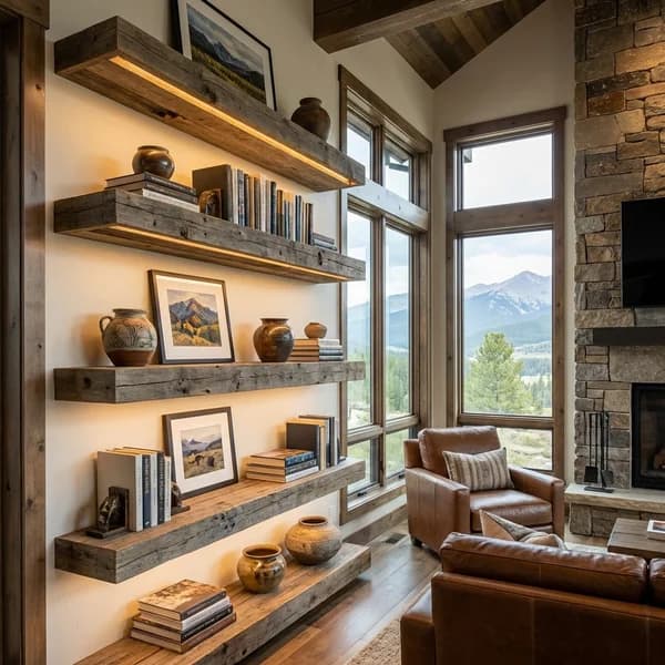 Custom floating shelves made from reclaimed wood in a Colorado home