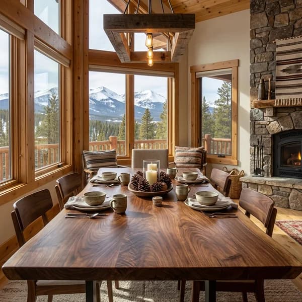 Custom handcrafted walnut dining table in a Colorado mountain home