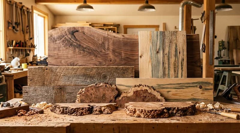 Wood materials including walnut slabs, reclaimed barn wood, and beetle-kill pine in a workshop